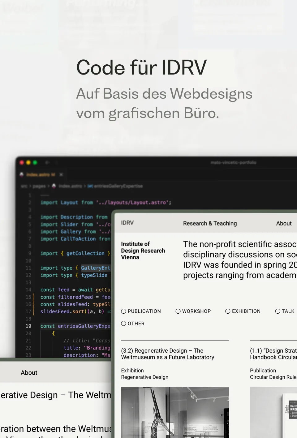 Mehrere Browserfenster der IDRV Webseite überlagern ein Code Editor Fenster.