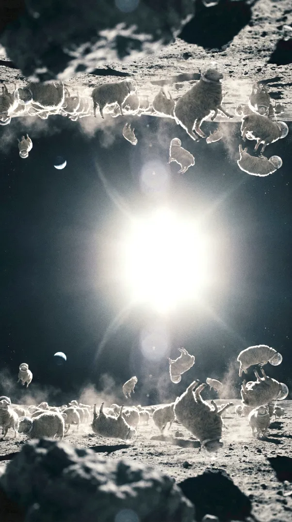 Schafe bewegen sich unbeholfen auf dem Mond.